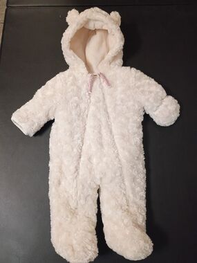 Weatherproof Baby Plush Fleece Pram Suit White Teddy Bear Hooded Snowsuit Buntin